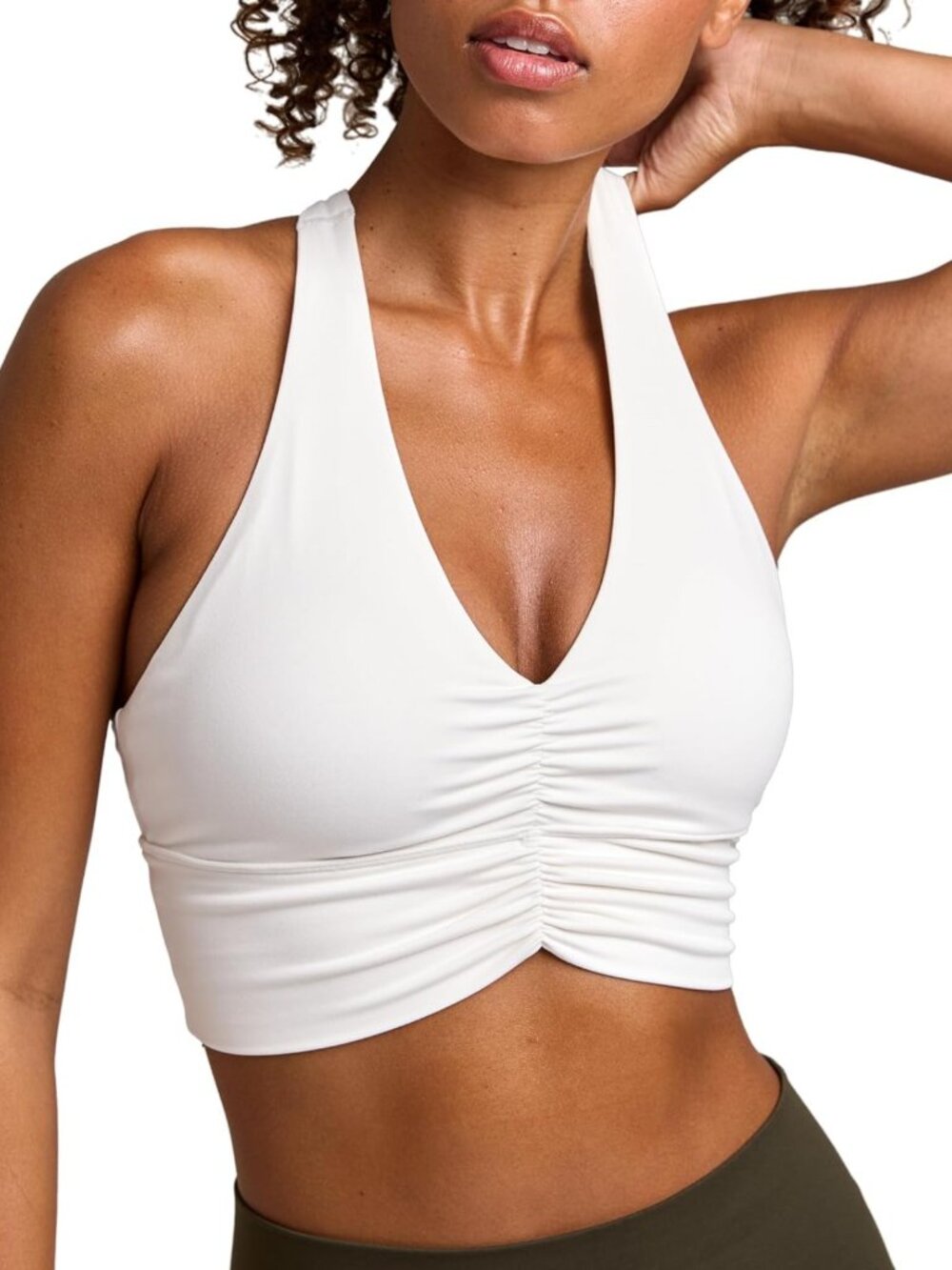V Neck Padded Yoga Crop Top - Women's Longline Sports Bra with Wide Straps